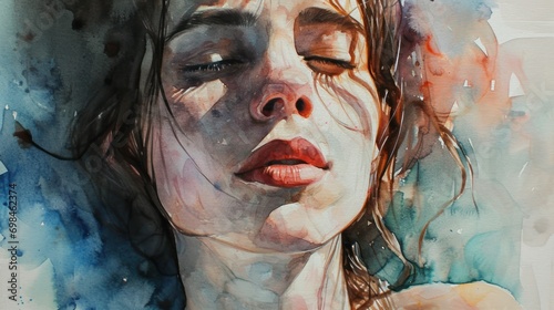  a watercolor painting of a woman's face with her eyes closed and her hair blowing in the wind.