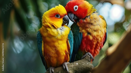 two sun conures perched on a tree branch, their vibrant colors of yellow, orange, red and blue standing out against the blurred background