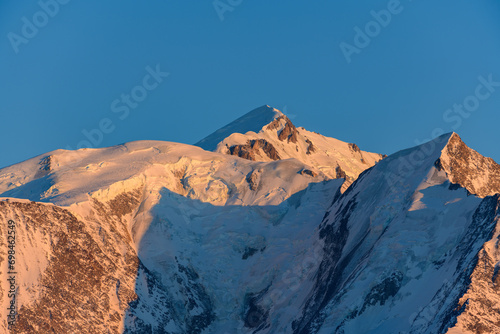 The Mont Blanc massif and its snow-capped peaks in Europe  France  Rhone Alpes  Savoie  Alps  in winter  on a sunny day.