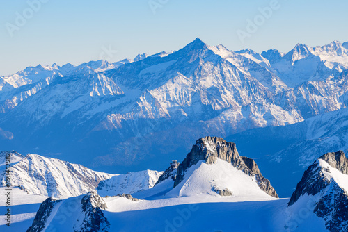 Mont Grivola and Gran Paradiso in Europe, France, Rhone Alpes, Savoie, Alps, in winter on a sunny day.