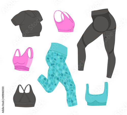 Female fitness clothing vector set. Woman's sports clothes flat design. Isolated illustrations on a white background. Ideal for design sports content, stickers and print.
