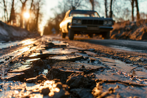 Bad road with potholes in the background of a car, selective focus