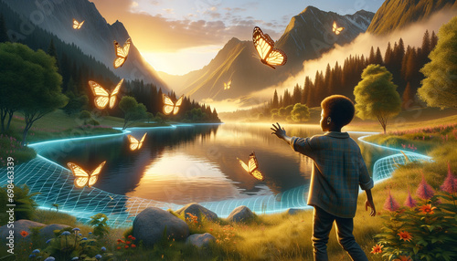 Child in awe of virtual butterflies in serene mountain landscape