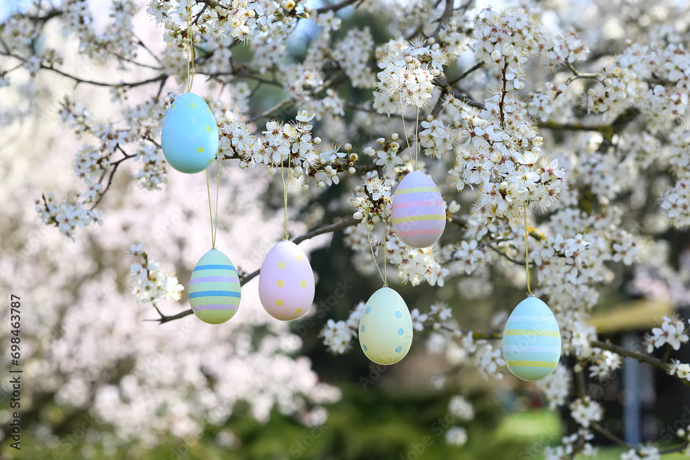 colorful easter eggs hanging on blooming plum tree branches outdoor in park or garden