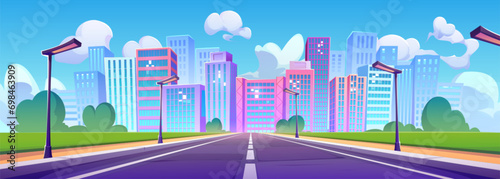 Big city with modern skyscrapers and highway perspective. Vector cartoon illustration of town with street lights and lawn along road, high-rise office and housing buildings, blue sky with white clouds