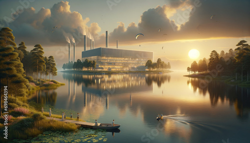 Serene landscape showcasing harmony between technology and nature