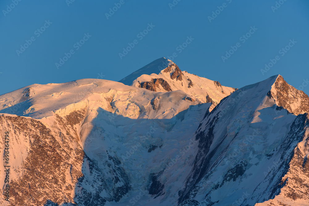 Mont Blanc summit at sunset in Europe, France, Rhone Alpes, Savoie, Alps, winter.