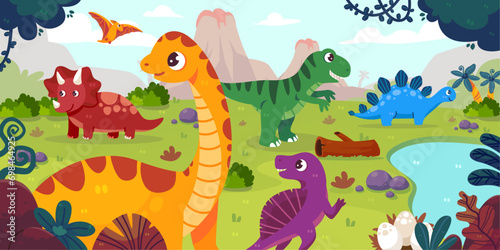Dinosaurs scenery with jurassic jungle vector cartoon. Cute dinosaur group in forest illustration. Prehistoric nature landscape.