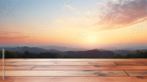 Wood table mockup with sunrise majestic sky background