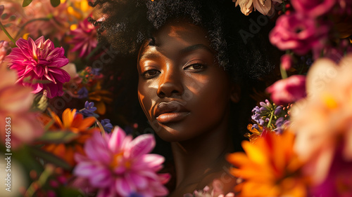 A black woman surrounded by a field of flowers, colorful and bright image 1 
