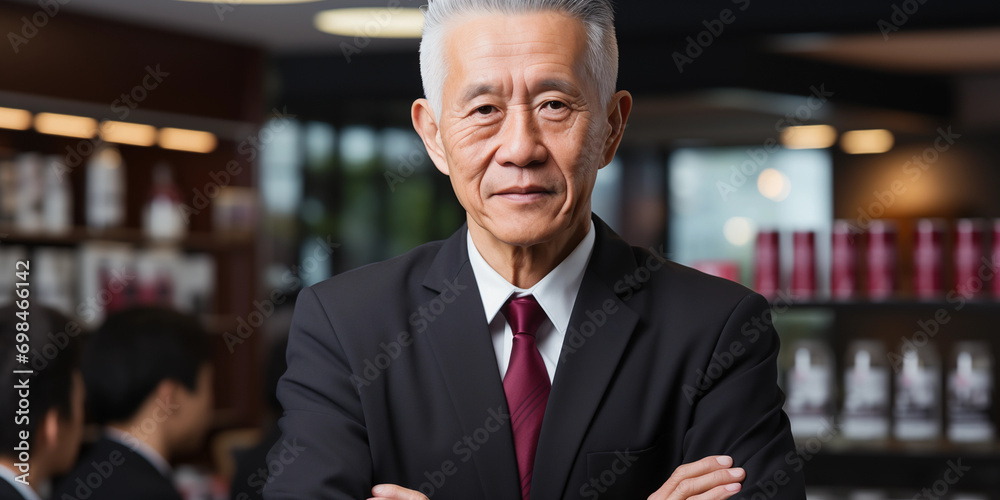 Chinesischer älterer Business Mann mit Anzug und verschrenkten Armen schaut freundlich in die Kamera, Querformat, ai generativ Chinesischer älterer Business Mann mit Anzug und verschrenkten Armen schaut freundlich in die Kamera, Querformat, ai generativ