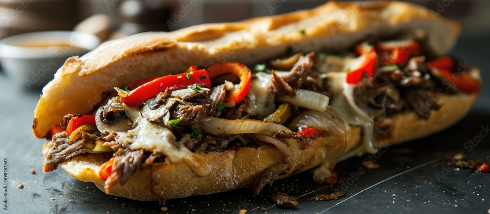 Close-up of a Philly cheese steak sandwich on a black table, loaded with roasted beef, peppers, onions, mushrooms, and melted cheese. - obrazy, fototapety, plakaty 