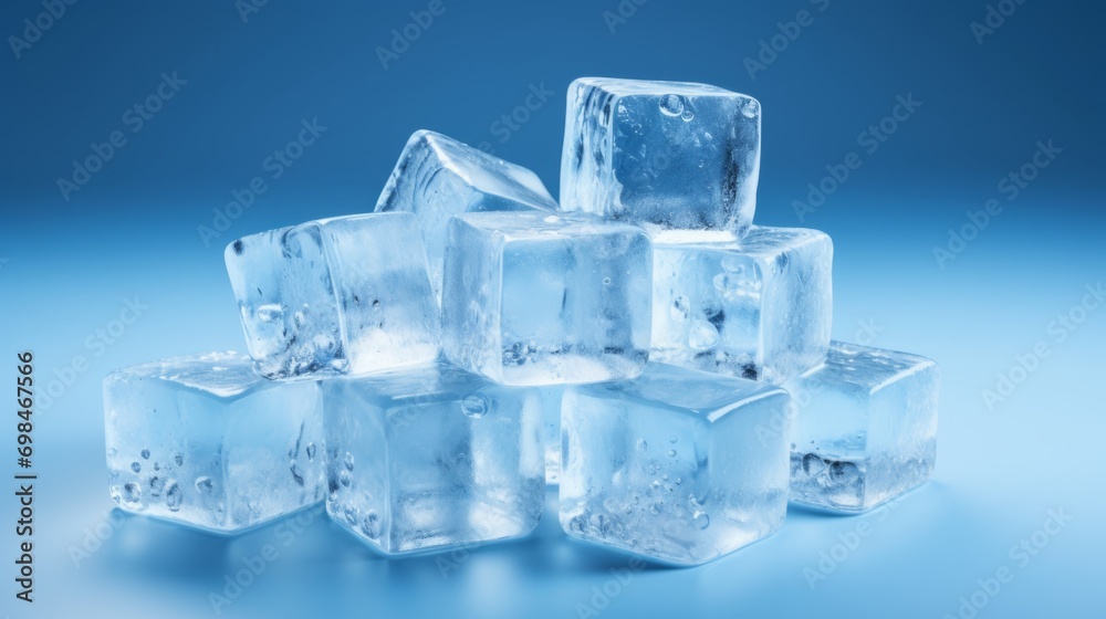 Ice cubes on a blue background. Frozen water crystals. Ice cubes on a blue background. Frozen water crystals.