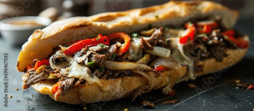 Close-up of a Philly cheese steak sandwich on a black table, loaded with roasted beef, peppers, onions, mushrooms, and melted cheese.