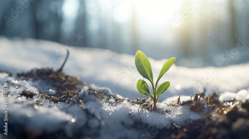 Young green sprout emerging from snowy frozen ground