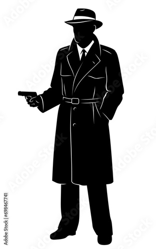 Silhouette of Detective, Spy, Secret Agent with Gun. Vector clipart isolated on white.