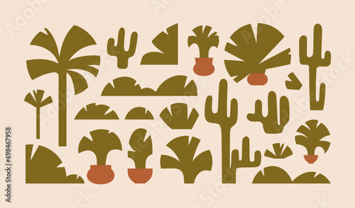 Palm trees, cactus, tropical plants set. Abstract exotic jungle leaves. Green...