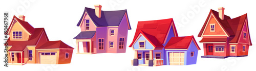 Suburban and village private house with windows and doors, roof with chimney and garage. Cartoon vector illustration set of big family home exterior. Front view on modern country cottage or villa.