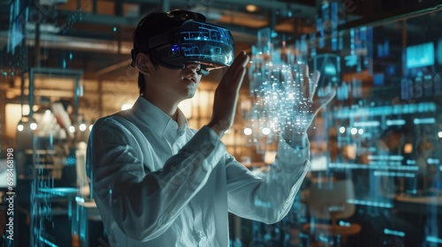 Computer science engineer wearing VR glasses working with 3D model hologram visualization. photo