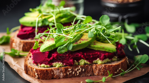 Vegan sandwich with avocado, beetroot and microgreens