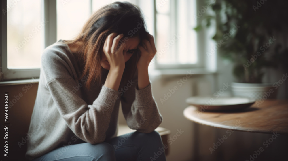 Lonely young woman feeling depressed and stressed sitting  in the dark room