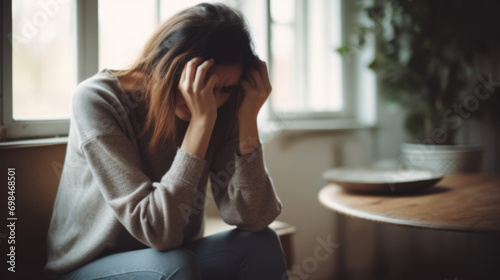 Lonely young woman feeling depressed and stressed sitting in the dark room