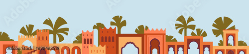 Moroccan architecture banner. Morocco building border, long oriental Arab background. Maroc, Marrakech, Medina houses, traditional Eastern arches decor on horizontal backdrop. Flat vector illustration