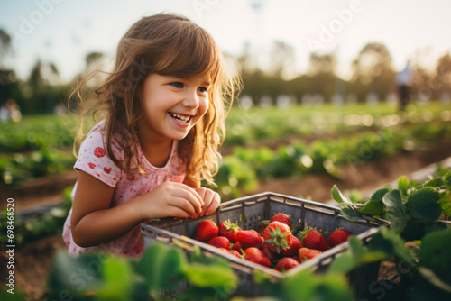 Little girl picking strawberry on a farm field photo