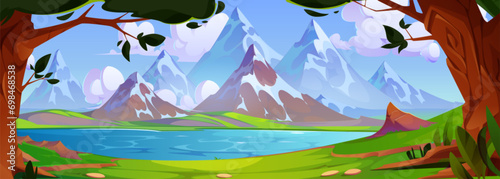 Cartoon summer landscape with lake in forest in foot of mountains on sunny day. Vector scenery with blue water in pond with green grass and trees on shore , high peaks of hills and sky with clouds. © klyaksun