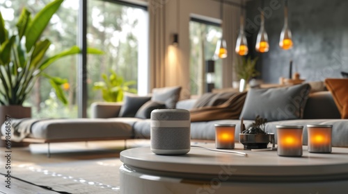 Modern home with smart speakers lights and thermostat all connected and controlled through a single device, Smart Home and automation concept.