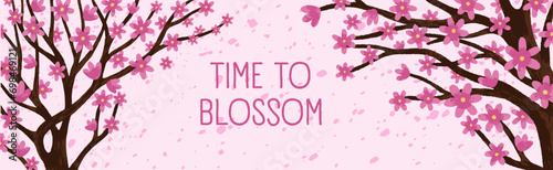 Spring cherry blossom, pink banner. Sakura flowers, trees, Japan nature backg...