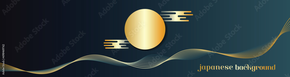 Japanese Vector abstract background design. Golden sunrise sunset by gold line art texture isolated on gold earth tone dark background. Minimal style.