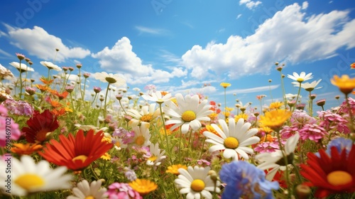 Vibrant wildflowers blooming under blue sky with clouds. Spring and nature.