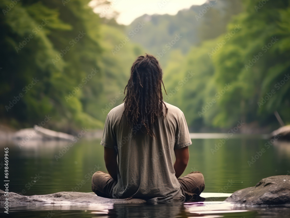 dreadlocked man doing yoga in a river in the middle of the forest, from back view dreadlocked man doing yoga in a river in the middle of the forest, from back view