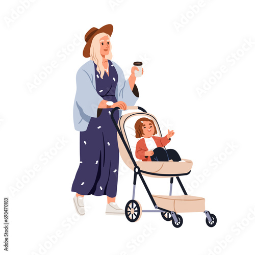 Mother walking with baby, child in pram. Modern happy woman mom drinking coffee, strolling with cute girl kid in stroller, pushchair. Flat graphic vector illustration isolated on white background