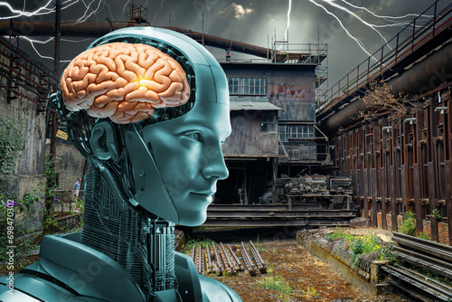 Roboter mit menschlichem Gehirn in alter, unheimlicher Industrieanlage.