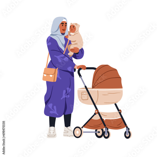 Muslim mother holding baby in arms. Arab mom in hijab with infant in hands, standing with pram, stroller during walk, stroll with kid, child. Flat vector illustration isolated on white background