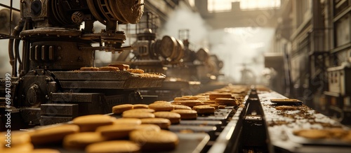 Biscuit-carrying machinery in a factory.