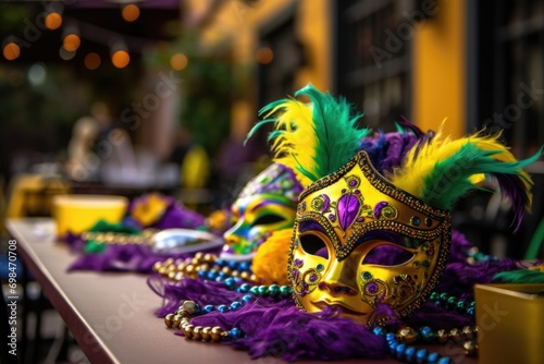 Mardi Gras mystique: Luxe feathered mask, luscious beads, and a street's lively ambiance blend in a captivating celebration snapshot. Generated AI photo