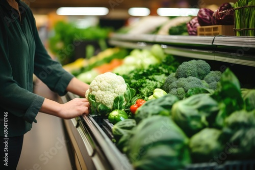 Green living scene: A photo captures a mindful shopper, selecting cauliflower amidst a sea of farm-fresh vegetables at the eco-friendly market. Generated AI photo