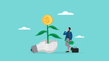 create income with knowledge concept illustration. never give up and fix mistakes at work to invent new innovation. businessman managed to grow plants from broken light bulbs illustration