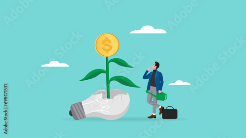 create income with knowledge concept illustration. never give up and fix mistakes at work to invent new innovation. businessman managed to grow plants from broken light bulbs illustration