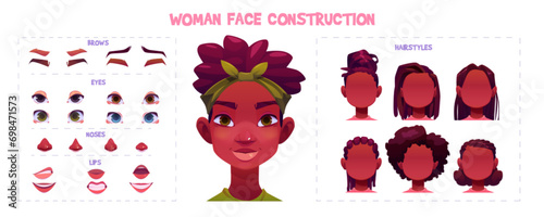 African american woman face construction kit. Cartoon vector facial generator set with parts for creation young female avatars with different nose and eyes, brows and hairstyles. Girl head elements.