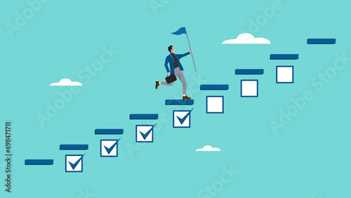 business progress step towards business targets with a strategy plan concept. journey job target action career illustration. businessman running up the stairs of achievement while carrying a flag photo