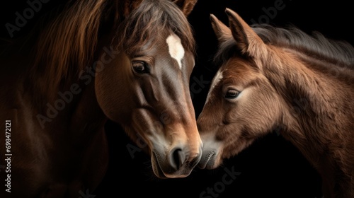  two horses standing next to each other with their heads touching each other's foreheads in front of a black background. © Olga