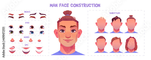 Young man face construction kit with cartoon facial parts and emotions generator. Set for creation male avatars with different nose and eyes, brows and hairstyles. Vector of guy head elements.