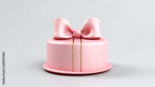  a pink cake with a bow on the top and a gold stripe on the bottom of the cake, on a white background. © Olga