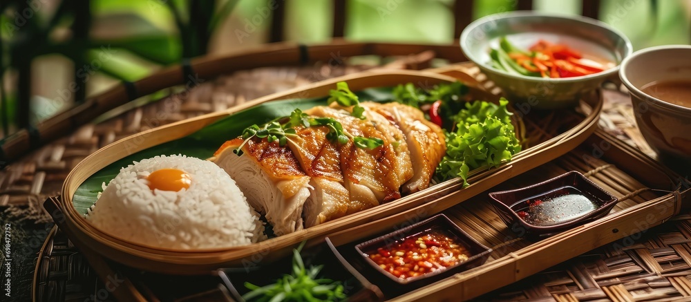 Famous Singaporean food - Hainanese Chicken rice, served on a bamboo tray. Famous Singaporean food - Hainanese Chicken rice, served on a bamboo tray.