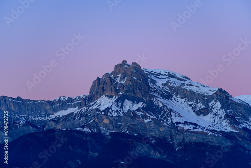 Fototapeta Naklejka Na Ścianę i Meble -  La Tete du Colonney, Aiguille Rouge and Varan at dusk in Europe, France, Rhone Alpes, Savoie, Alps, winter.