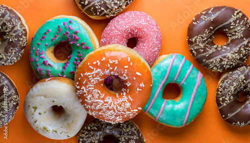 a group of colorful donuts on an orange background